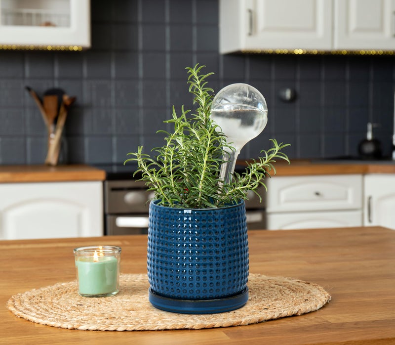 D'vine Dev 6 Inch 4 Inch Ceramic Indoor Planter Pots with Drainage Hole and Saucer, Beaded Design Flower Pots, Set of 2, Blue, 27-D-U-3 - Image 2